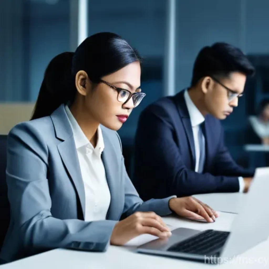 사이버 보안 규정 준수와 기업의 책임 - **Prompt:** "A diverse group of Malaysian office professionals, including men and women in modern bu...