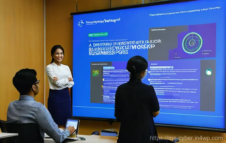 사이버 보안 규정 준수와 기업의 책임 - **Prompt:** "In a sleek, modern conference room with large glass windows offering a glimpse of a vib...