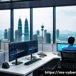 사이버 보안 규정 준수와 네트워크 보안 - A modern Malaysian office environment with diverse IT professionals working collaboratively on cyber...