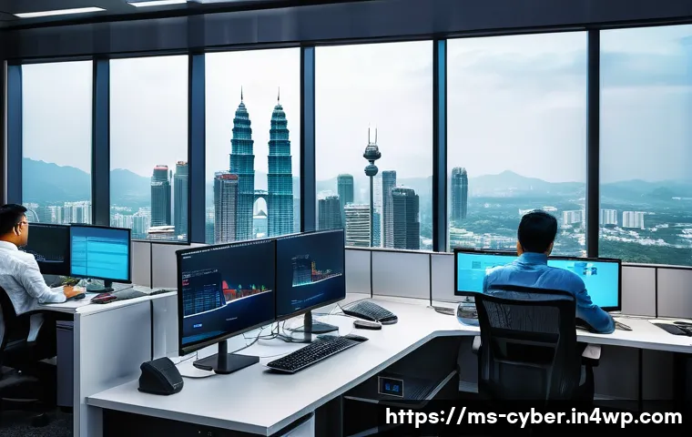 사이버 보안 규정 준수와 네트워크 보안 - A modern Malaysian office environment with diverse IT professionals working collaboratively on cyber...