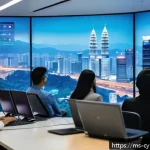 사이버 보안 규정 준수의 글로벌 동향 - A modern Malaysian corporate office scene showing diverse professionals attending a cybersecurity aw...