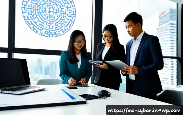 사이버 보안 규정 준수의 복잡성 극복하기 - Photorealistic Malaysian corporate compliance team in a modern Kuala Lumpur office, diverse Malay an...